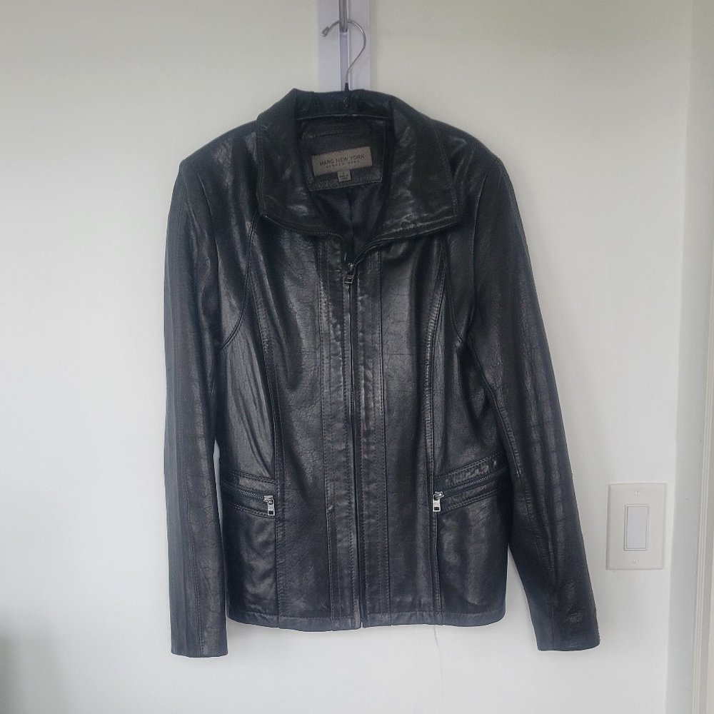 Marc New York Lamb Leather Jacket Black Full Zipper Pockets-Large